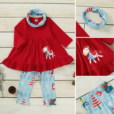 

US Infant Baby Kids Girl Christmas Ruffle Swing Top Dress Pants Clothes Set 3PCS