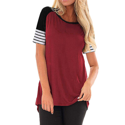 

Nomeni Women Casual Striped Solid Patchwork Blouse Short-Sleeve O-Neck Tops