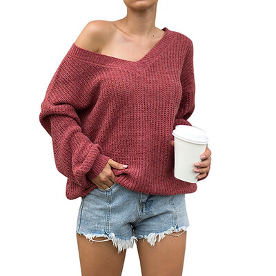 

Women Autumn Sexy Fashion Concise All-match Solid Color V-collar Loose Long Sleeve Sweater