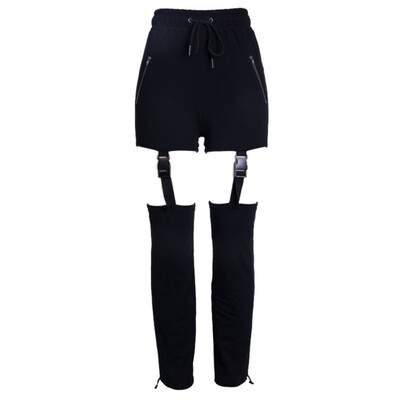 

Women Elastic High Waist Buckle Long Pants Hollow Out Loose Harem Pants Female Zipper Pocket Pants Hip Hop Casual Trousers