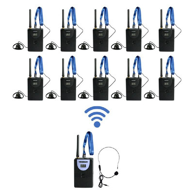 

TP-WIRELESS 24GHz Wireless Audio Tour Guide Acoustic Transmission System Headset Microphone 1 Transmitter 10 Receivers with Lanya