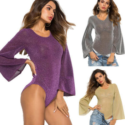 

Womens Long Sleeve Stretch Bodysuit Bodycon Jumpsuit Transparent Leotard Tops US