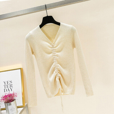 

Casual Womens Long Sleeve V Neck Drawstring Knit Slim Pullover Sweater Tops Warm Basic Winter Sweater Woman 2018