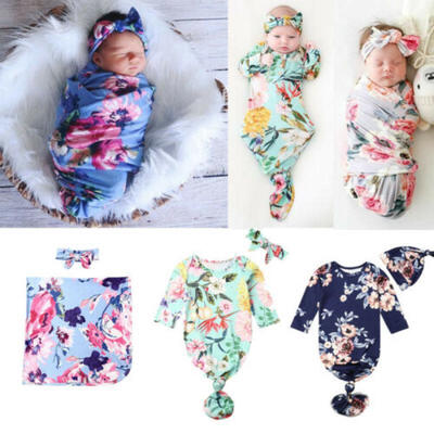 

Newborn Baby Girl Swaddle Wrap Blanket Cotton Floral Sleeping BagHeadbandHat