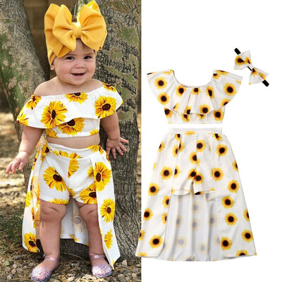 

Toddler Summer Kids Baby Girl Sunflower Crop Tops Shorts Dress 3PCS Outfits Sunsuit