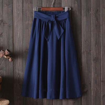 

Women Summer Stretch High Waist A-line Skirt Bow Tie Pleated Midi Skirt Dresses