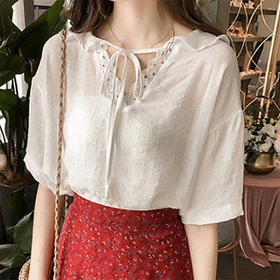 

Womens Simple Tops Casual V Neck Solid Color Short Sleeve Lace Up Cotton & Linen T-Shirt Linen Short Sleeve T-Shirt