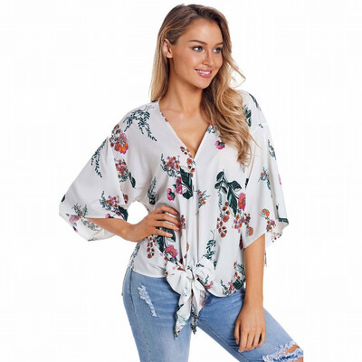 

V-neck cropped sleeve floral print knotted bohemian top