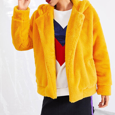 

Womens Fashion Long Sleeve Faux Fur Coat Solid Color Hoodied Faux Shaggy Oversized Coat Jacket with Pockets Warm Winter
