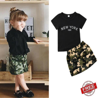 

USA Kids Toddler Casual T-shirt Tops Camo Skirt Dress Baby Girl Outfits Sunsuit