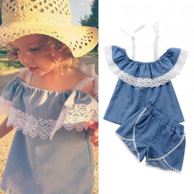 

Toddler Kids Baby Girls Off Shoulder Lace Tops Denim Shorts Outfits Clothes