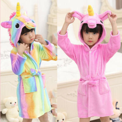 

US Unicorn Kid Baby Flannel Hooded Bathrobe Cartoon Gown Towel Sleepwear Pajamas
