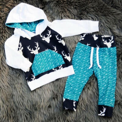 

Holiday Kids Baby Boys Girls Xmas Reindeer Hooded Tops Pants Outfit Set Clothes