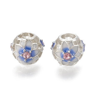 

Alloy European Beads Large Hole Beads with Rhinestone&Enamel Rondelle with Flower Platinum Light Rose 115x11x95mm