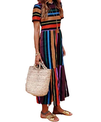 

New Womens Summer Boho Short Sleeve Long Maxi Dress Party Beach Sundress