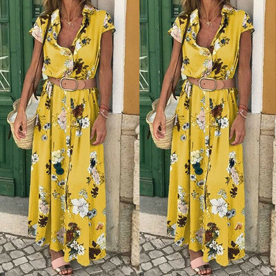 

Boho Women Summer Holiday Flower With Belt Maxi Dress V-neck Long Dress
