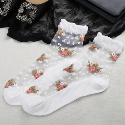

Fashion Women Summer Ultrathin Transparent Rose Flowers Elastic Short Socks