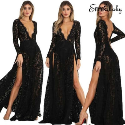

Women Long Sleeve Deep V Neck Long Maxi Dress Split Irregular Party Dress Sexy