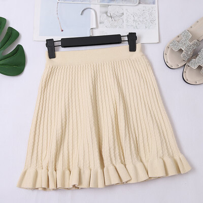 

Women Knitting Skirt Korean Autumn Winter Solid Color Elasticated High Waist Ruffles Hip Kawaii Mini Skirt