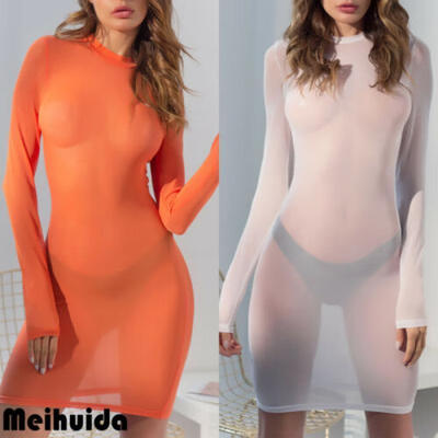 

Women Long Sleeve Sheer Mesh Bodycon Mini Sun Dress Lingerie Underwear Club Tops