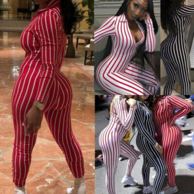 

US Women Stripe Long Sleeve Long Jumpsuit Summer Clubwear Casual Romper Playsuit