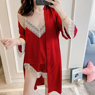 

3Pcs Summer Womens Sexy Pajamas Silk Pajamas Sleepwear Deep V Sling Lingerie Set