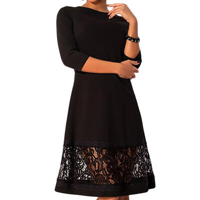 

Large Size Solid Color Slim Dress Women Hollowed Lace Round Neck Dresses