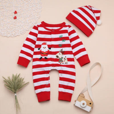 

My First Christmas Newborn Baby Boy Girl Clothes Striped RomperHat Xmas Outfits