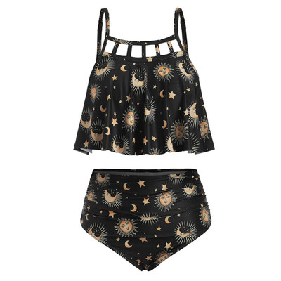 

Roseonmyhand Women Sun Stars Moon Flounce Runched Tankini Swimsuit High Waisted Bikini Set