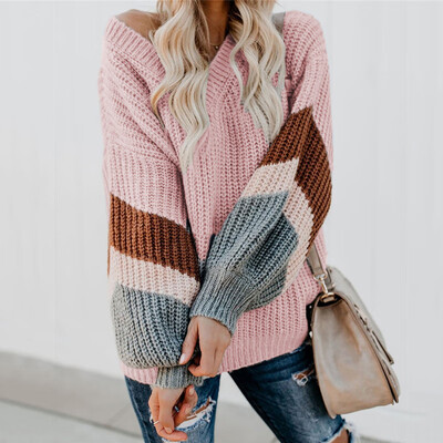 

2019 Womens V Neck Long Sleeve Striped Knitted Chunky Pullover Sweater
