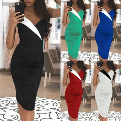 

AU Women Sleeveless Bodycon V Neck Dress Summer Formal Evening Party Dress -2XL