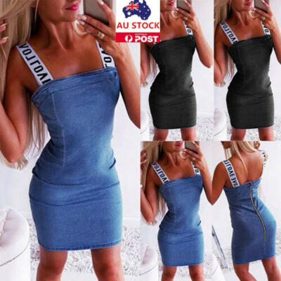 

AU Womens Summer Vintage Zipper Denim Bodycon Casual Jeans Sleeveless Mini Dress