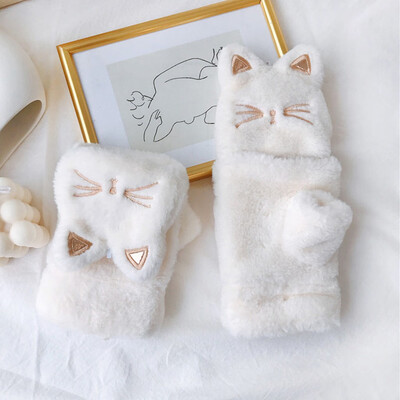

Tailored fashion Women Winter Lovely Warm Flip Over Thickening Cat Plush Gloves