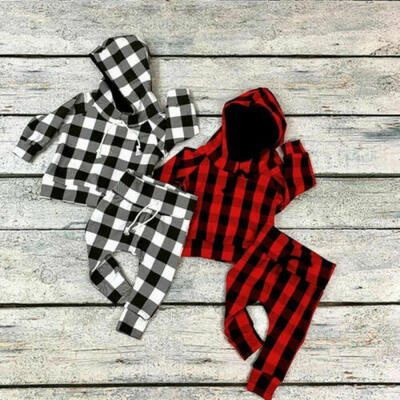 

Newborn Kid Baby Boy Girl Clothes Plaid Hooded Tops Long Pants Outfits Tracksuit