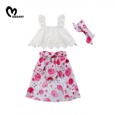 

2018 New Cute Child Baby Girl Tops Floral Dress Shorts Headband Clothing Set