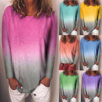 

Womens Loose Long Sleeve Cotton Shirt Tops Gradient Sweatshirts Blouse T-shirt