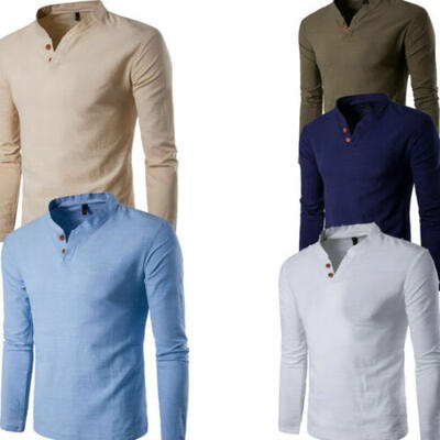 

Mens Linen Long Sleeve Shirt Slim Fit Summer Muscle Casual V-Neck T-Shirts Tops