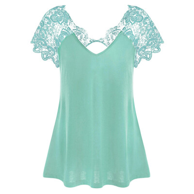 

V Neck Plus Size Lace Trim Cutwork T-Shirt