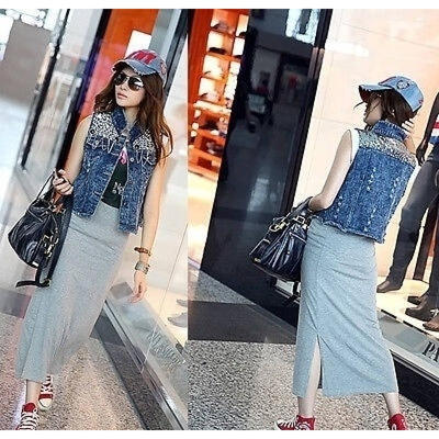 

New Womens Sequin Bead Chain Denim Sleeveless Waist Jacket Outerwear Jean Vest