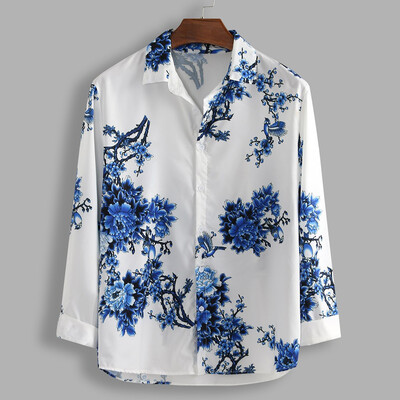 

Toponeto Mens Loose Lump Chest Print Long Sleeve Turn-down Collar Round Hem Shirts