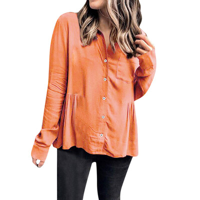 

Starmoon Women Casual Solid Button Up Button Front Ruffled Pleats Pocket Shirt Top Blouse