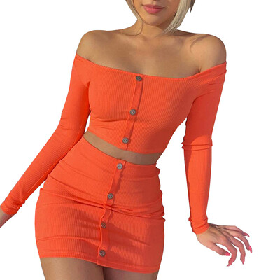 

2019 Summer Hot Sale Navel Short Two-piece Dress Orange Commute Single-breasted High Waist Suit Skirt