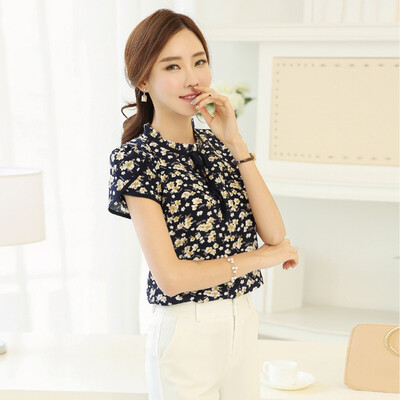 

2019 Summer Vintage Fashion Qualities Women Chiffon Short Sleeve Ruffled Neck Floral Shirt Party Office Casual Slim Blouse Tops