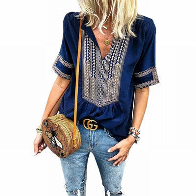 

Womens V-neck Short Sleeve Embroidered Lace Vintage Loose Shirt Top