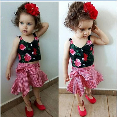 

2Pcs Toddler Kids Baby Girl Floral Crop Tops Plaid TuTu Dress Outfits Sunsuit