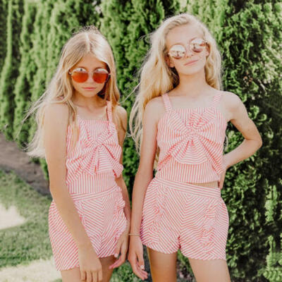 

2PCS Toddler Kids Baby Girls Clothes Stripe Sling Crop TopsShorts Outfit Summer