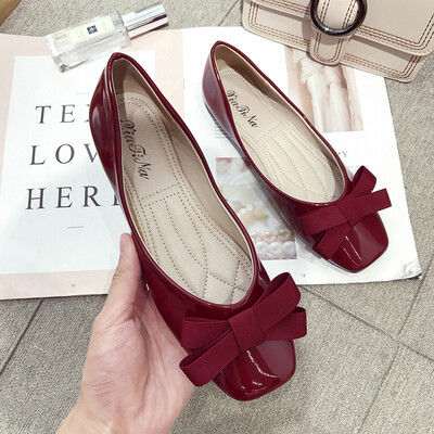 

Butterfly-knotted Social Bean Shoes Women Spring Chic Square Head Shallow Mouth Single Shoes Flat Bottom Late