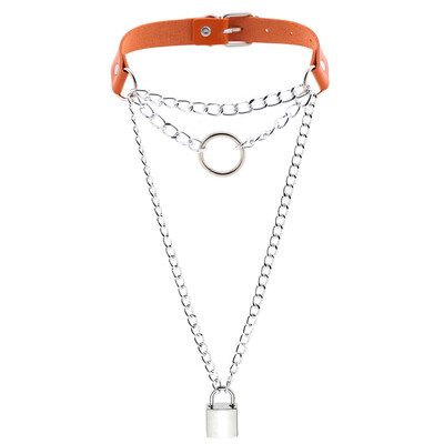 

New Fashion PU Leather Ring Punk Chain Lock Pendant Clavicle Chain Jewelry