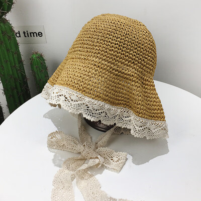 

The Korean version of lace straw hat female summer travel Joker student beach fisherman hat day folding sunshade sunscreen tide