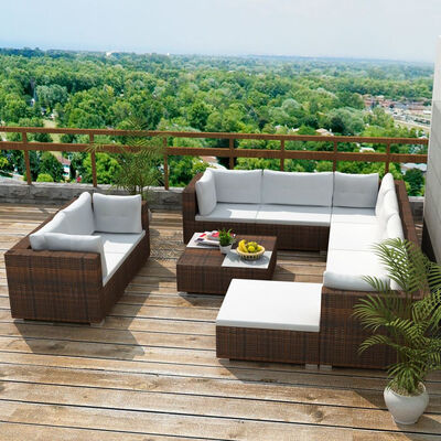 

10 Piece Garden Lounge Set with Cushions Poly Rattan Brown